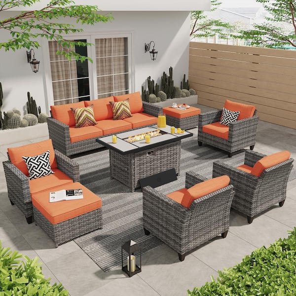 XIZZI Milan Gray 8-Piece Wicker Outdoor Patio Rectangular Fire Pit Seating Sofa Set and with Orange Red Cushions
