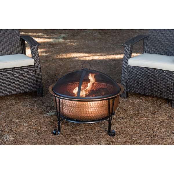 Palermo 26 in. x 21 in. Round Hammered Wood Burning Fire Pit in Copper with Fire Tool