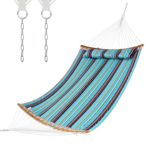 130 in. Hammock with Pillow Curved Bamboo Spreader Bar Chain Portable Indoor Outdoor Blue