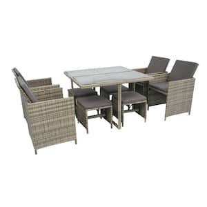 9 Piece Wicker Outdoor Bistro Dining Table Space Saving Set with Glass Top Gray Wicker + Dark Gray Cushion
