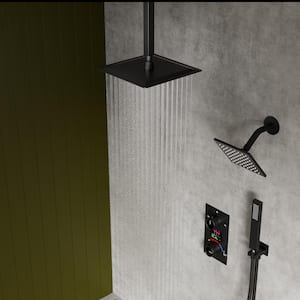 3-Spray 12 and 6 in. Dual Shower Head and Handheld Shower Head with LCD Display in Matte Black (Valve Included)