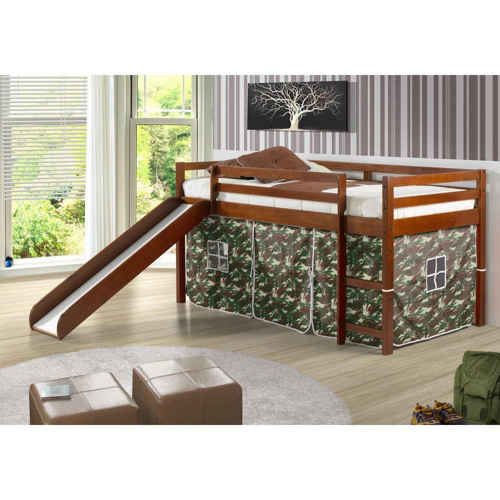 Espresso Twin Pine Loft Bed with Camo Tent and Slide