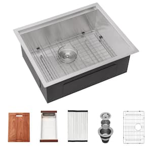23 in. Undermount Single Bowl 16 Gauge Brushed Nickel Stainless Steel Kitchen Sink with Drying Rack and Colander