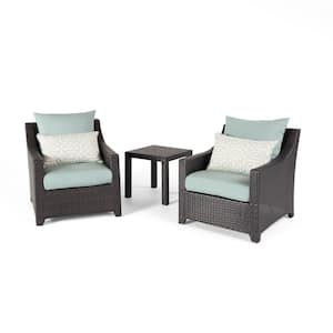 Deco 3-Piece Aluminum All-Weather Wicker Patio Club Chairs and Side Table Seating Set with Spa Blue Cushions