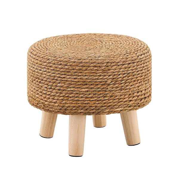 Natural Wood Garden Stool Handwoven Seagrass Water Hyacinth Ottoman Footrest Durable Eco-Friendly Home Decor