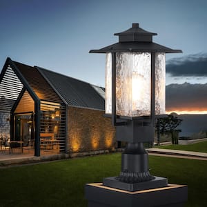 1-Light Black Metal Outdoor Weather Resistant Post Light Set with Hammered Clear Glass with No Bulbs Included