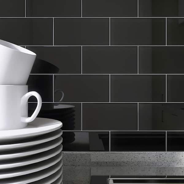 Crystile Black 3 in. X 6 in. Glossy Glass Subway Tile (10 sq. ft./Case)