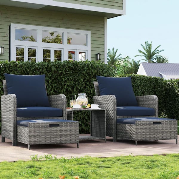 2 person patio set with umbrella ELPOSUN 2 Person Wicker Rattan Outdoor Conversation Set with Ottoman(No  Umbrella Stand ) HDHT108BUFS