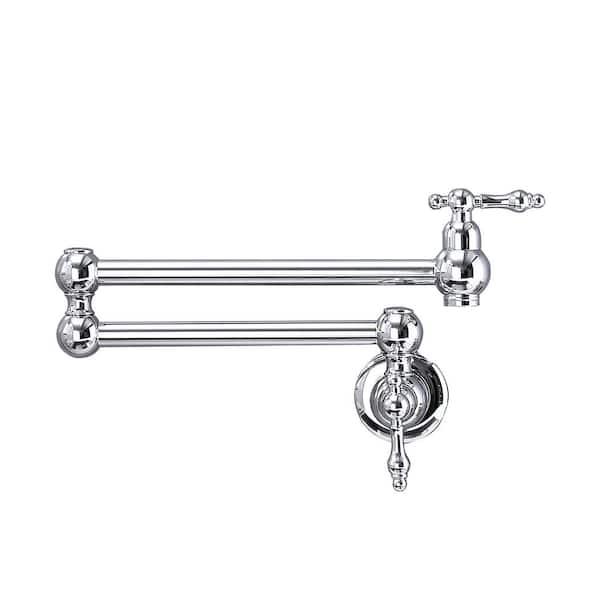Fapully Commercial Wall Mount Pot Filler Faucet with Folding Stretchable Single Hole 2 Handles in Chrome