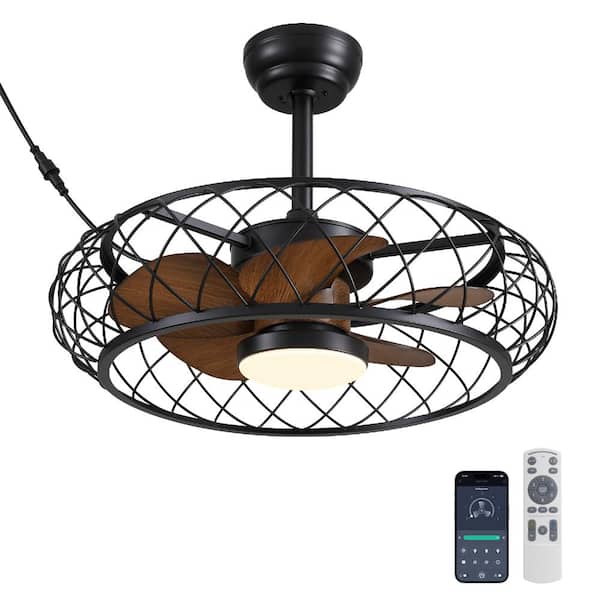 24 in. Outdoor Black Cage Plug-in Chandelier Ceiling Fan with Wood Grain Blades Dimmable LED and Remote App