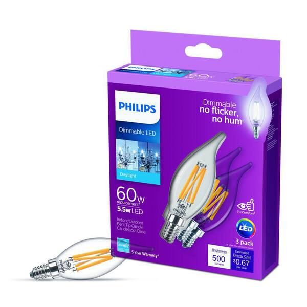 Philips 60-Watt Equivalent B11 Dimmable Edison LED Candle Light Bulb Glass Bent Tip Candelabra Base Daylight (5000K) (3-Pack)