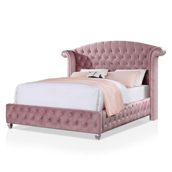 Furniture of America Nesika Pink Queen Panel Bed with Wingback Design and Care Kit