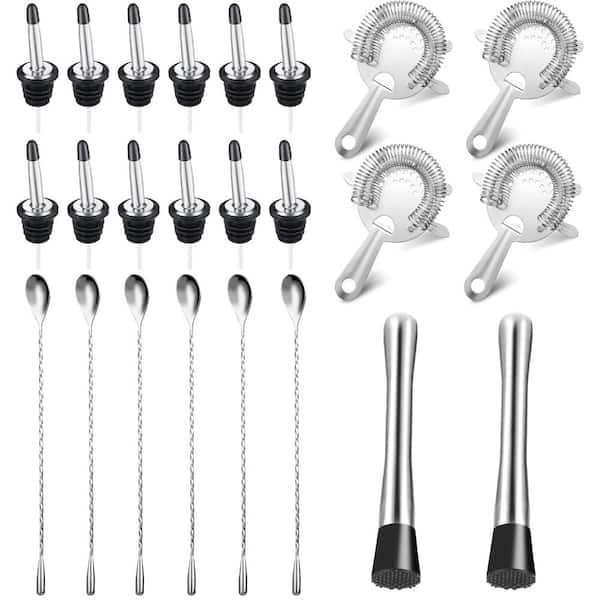 24-Piece Cocktail Bar Shaker Set with Muddlers Spoons Strainers and Bottle Spouts Stainless Steel Kit