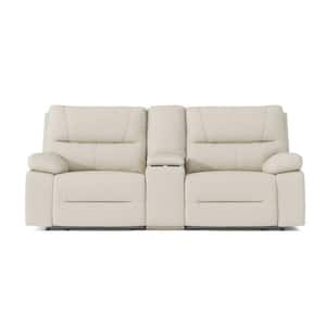 Malibu 79 in. Pillow Top Arm Leather Rectangle Modern Sofa Couch with Power Reclining and Storage in Cream Taupe Beige