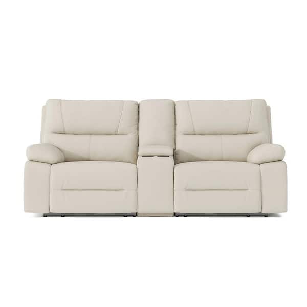 Jennifer Taylor Malibu 79 in. Pillow Top Arm Leather Rectangle Modern Sofa Couch with Power Reclining and Storage in Cream Taupe Beige