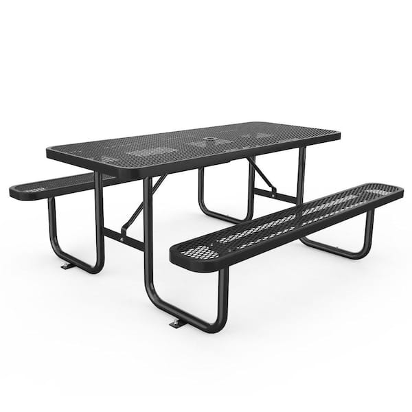 6 ft. Black Metal Picnic Table with Built-in Benches and Umbrella Hole for Outdoor Patio, Backyard and Garden