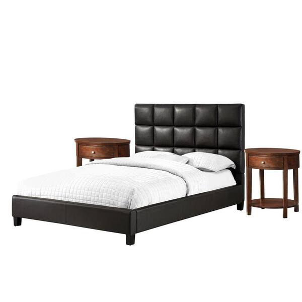 HomeSullivan Calais Deep Brown Faux Leather Queen-Size Bed and Espresso Oval 2-Nightstand Set-DISCONTINUED