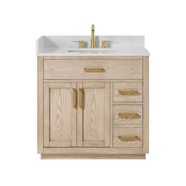 Gavino 36 in. Single Freestanding Natural Ash Bath Vanity with Grain White Engineered Stone Top Assembled