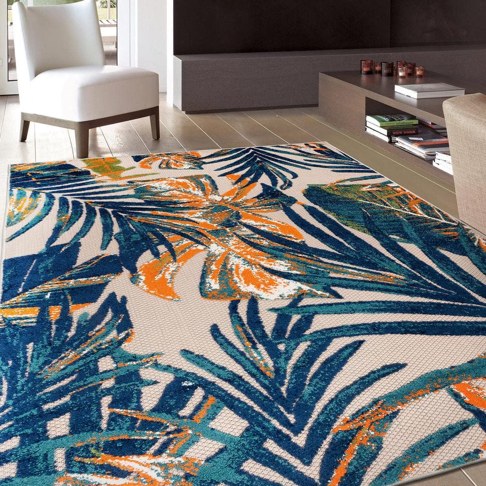 Tropical Floral Leaves Multi 5' x 7' Flat Woven Area Rug