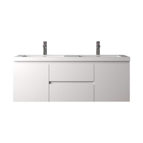Angela 60 in. Double HG. White Bath Vanity Wall-mounted Floating Vanities with Gloss White Resin Stone Top 2 Drawers