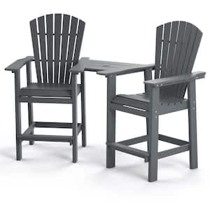 Set of 2 Gray Plastic Composite Patio Outdoor Bar Stools Adirondack Arm Chairs