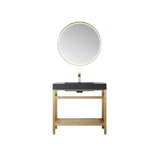 ROSWELL Ablitas 36 in. W x 20 in. D x 34 in. H Single Sink Bath Vanity in Brushed Gold with Black Composite Stone Top and Mirror