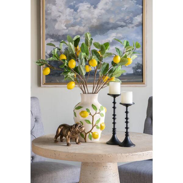 12.5 in White Ceramic Lidded Jar Vase with Vibrant Yellow Lemon
