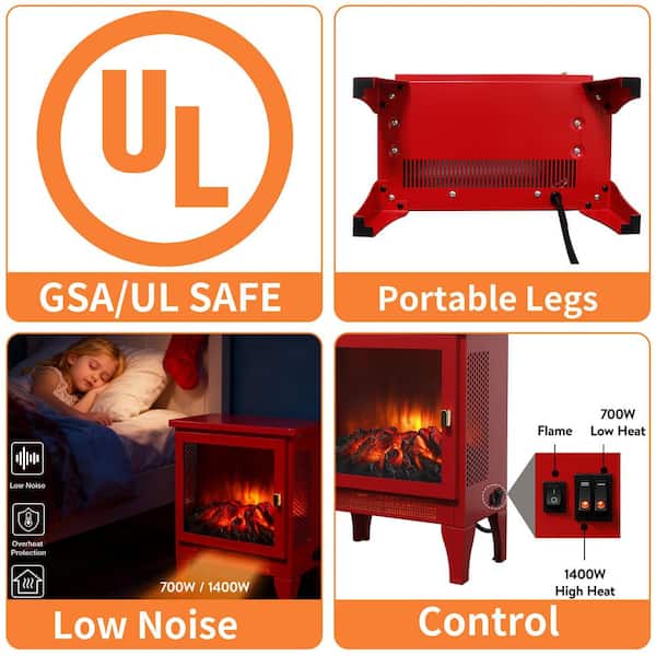 14 in. Freestanding Fireplace Heater 400 sq. ft. Electric Stove,1400W/700W Heat,3D Flame Effect,Safety Protection,Red