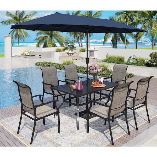PHI VILLA 8-Piece Metal Outdoor Dining Set with Padded Textilene Chair and Umbrella