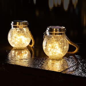 3000K 10-Lumens Integrated LED Solar Lantern Crackle Glass Ball, Outdoor Decor Patio Path Lights (4-Pack)