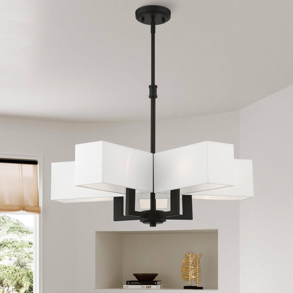Satin Brass and Black 5-Light Chandelier with Fabric Shades