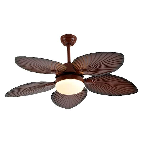 OUKANING 52 in. LED Indoor Dark Brown Retro 5 Palm Leaf Shaped Blades Ceiling Fan with Light and Remote Control