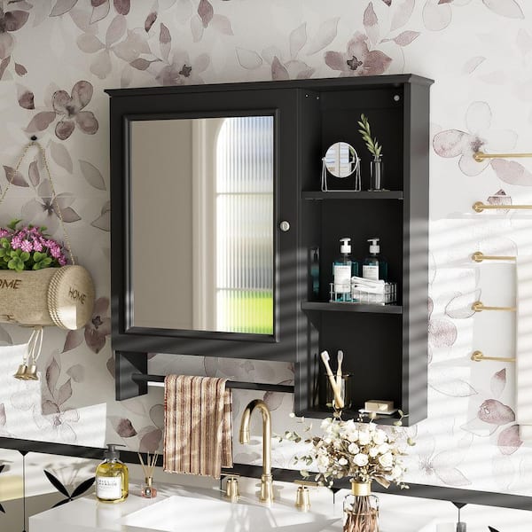 29 in. W x 28 in. H Rectangular MDF Medicine Cabinet with Mirror, Adjustable Shelves and Built-in Towel Rack in Black