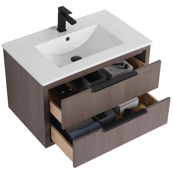 Kingsford 30 in. Single Wall Mounted Gray Oak Bath Vanity with Drawers with White Ceramic Sink Top