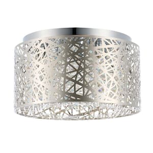 16 in. 7-Light Nickel Drum Flush Mount Crystal Chandelier with Nest Shaped Shade