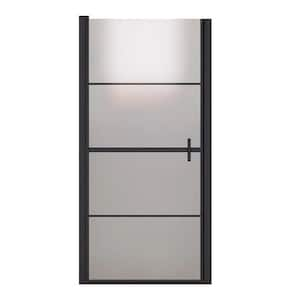 34 in. W x 72 in. H Pivot Framed Shower Door in Black Finish with Frosted Glass