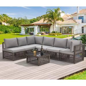 Gray 7-Pieces Patio PE Rattan Wicker Sofa Set Outdoor Sectional Conversation Furniture Set with Gray Cushions
