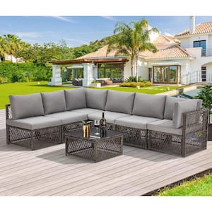 Gray 7-Pieces Patio PE Rattan Wicker Sofa Set Outdoor Sectional Conversation Furniture Set with Gray Cushions