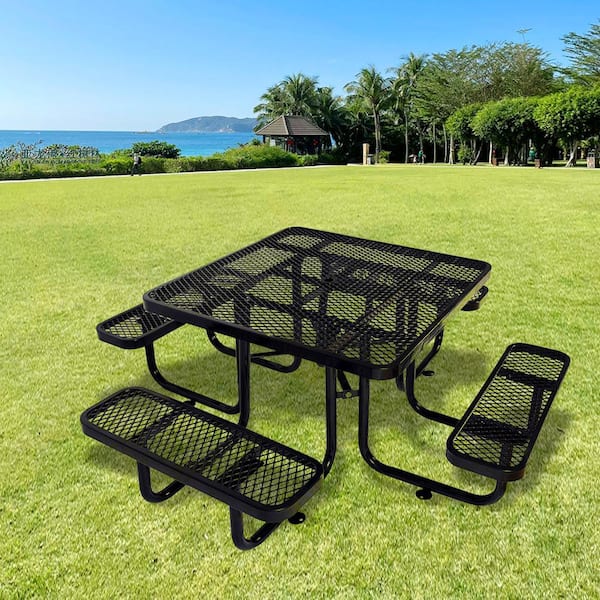 Black 82.9 in. Square Steel Picnic Table with Umbrella Pole for Seats 6-8 People