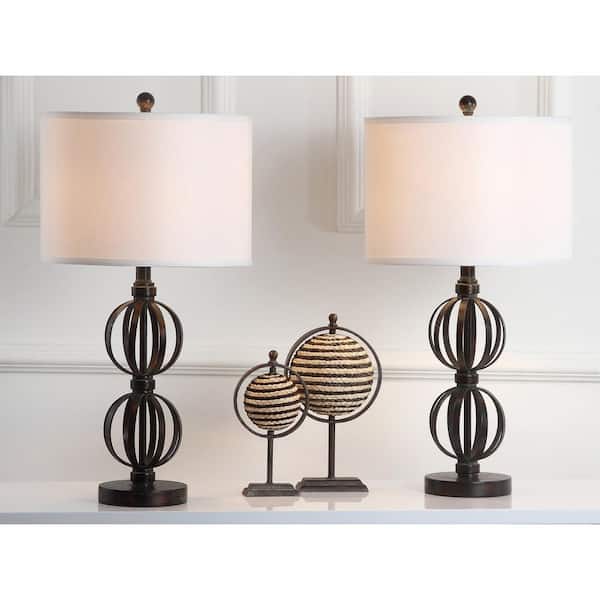 Calista 27.75 in. Oil-Rubbed Bronze Double Sphere Iron Table Lamp with Off-White Shade (Set of 2)