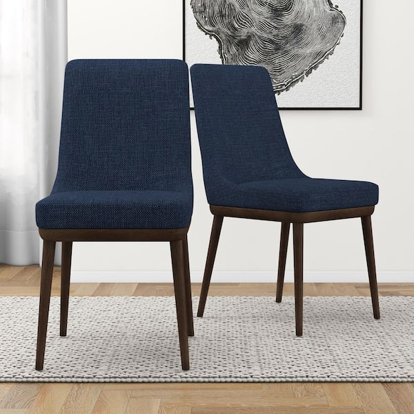 Oprah Blue Fabric Blend Mid-Century Modern Accent Dining Side Chair with Solid Wood Legs, (Set of 2)