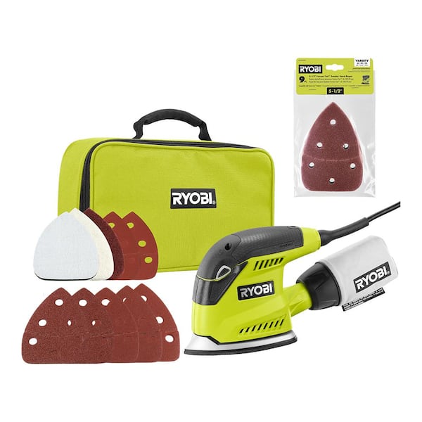 RYOBI 1.2 Amp Corded 5.5 in. Corner Cat Sander with Dust Bag, Storage Case, and Extra 9-Piece 5-1/2 in. Corner Cat Sand Paper