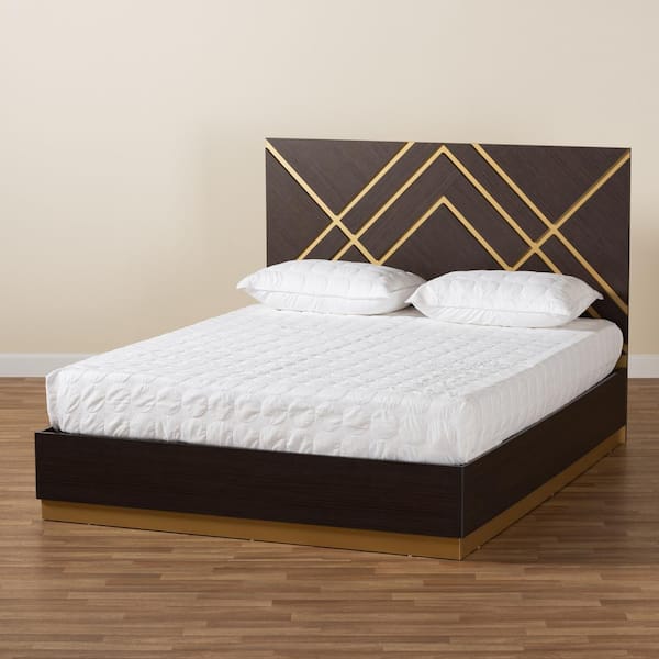 Baxton Studio Arcelia Walnut Brown and Gold Queen Platform Bed 204