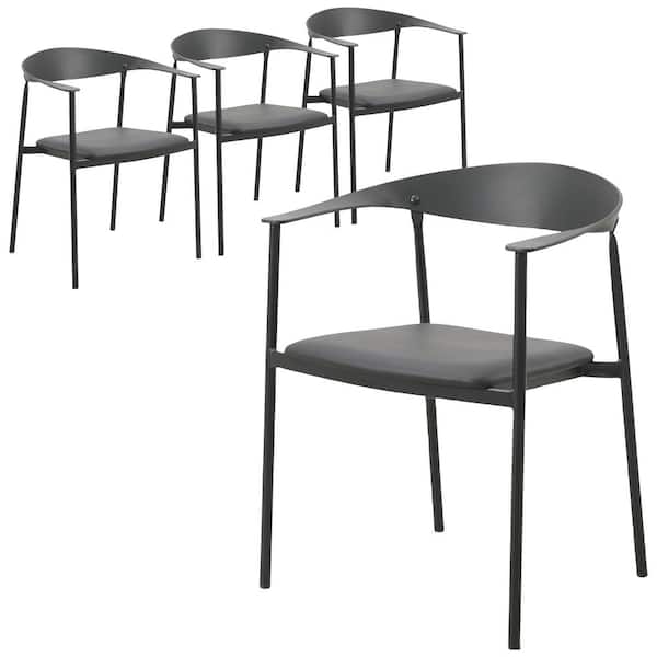 Kora Dining Chair Upholstered in Leather with Stainless Steel Frame and Legs Set of 4 in Black