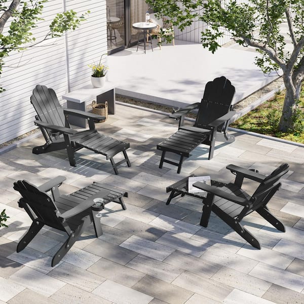 Black Folding Adirondack Chair with Retractable Ottoman, HIPS Adirondack Chair with Cup Holder (Set of 4)