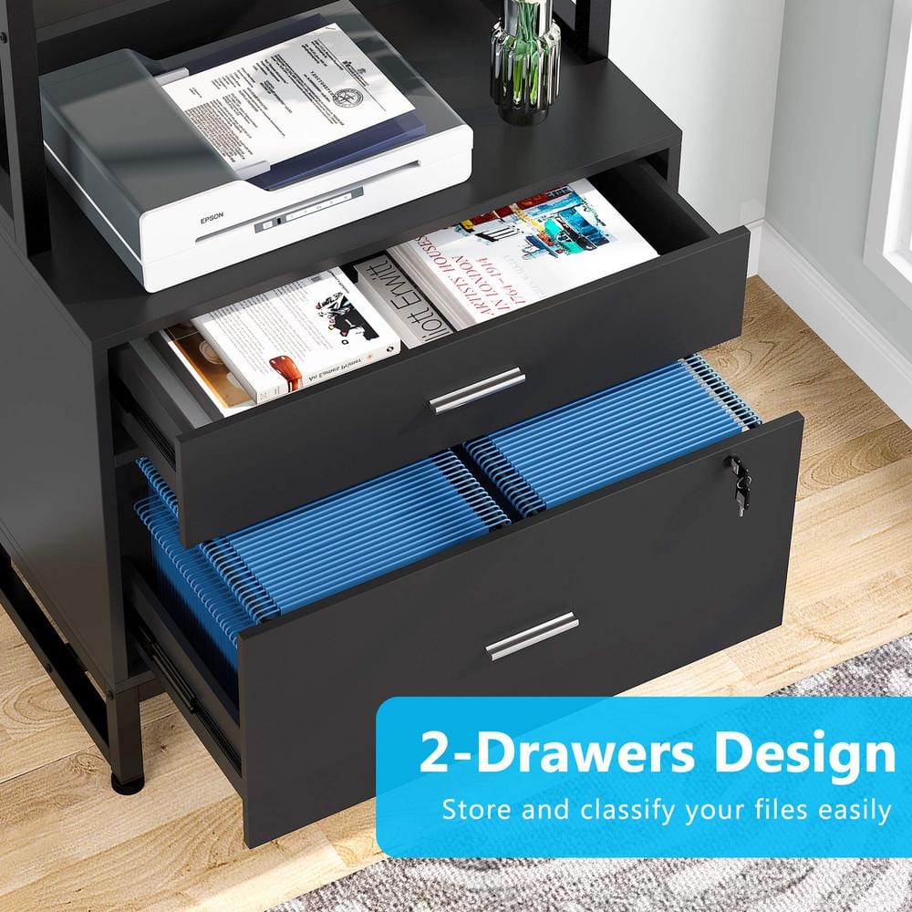 Black Vertical 2-Drawer Lockable File Cabinet with Shelves