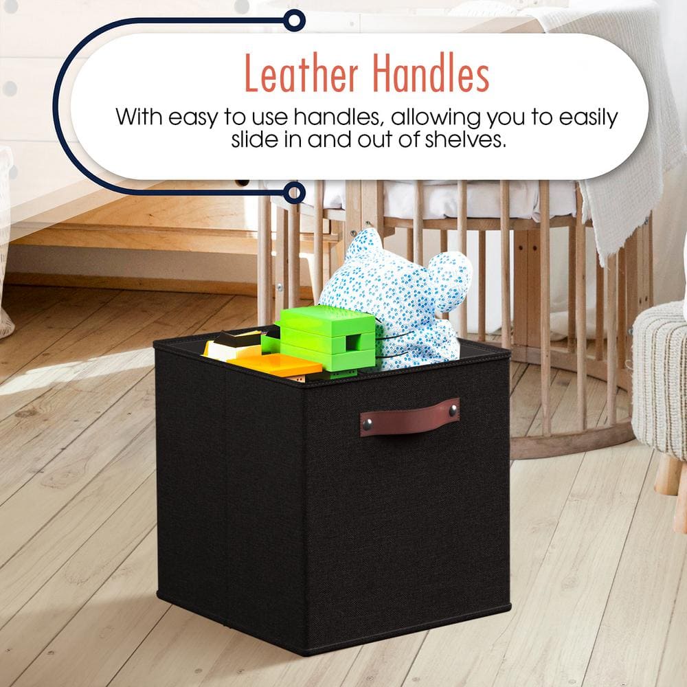 Black Linen Cube Storage Bins with Leather Handles, Set of 6