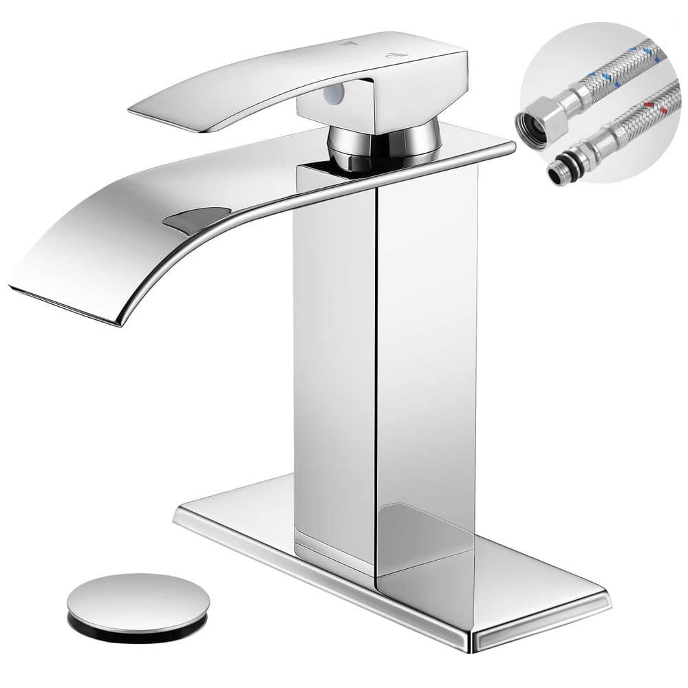 Waterfall Spout Single Handle Single Hole Bathroom Faucet with Deckplate and Pop-Up Drain in Polished Chrome price history on PriceWatchPro