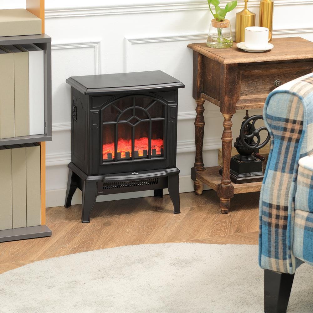 18" Black Electric Freestanding Fireplace Heater with Realistic Flame