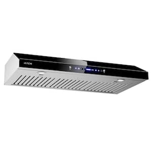 36 in. 900 CFM Ducted Under Cabinet Range Hood in Stainless Steel and Black Glass with Baffle Filters and LED Lights